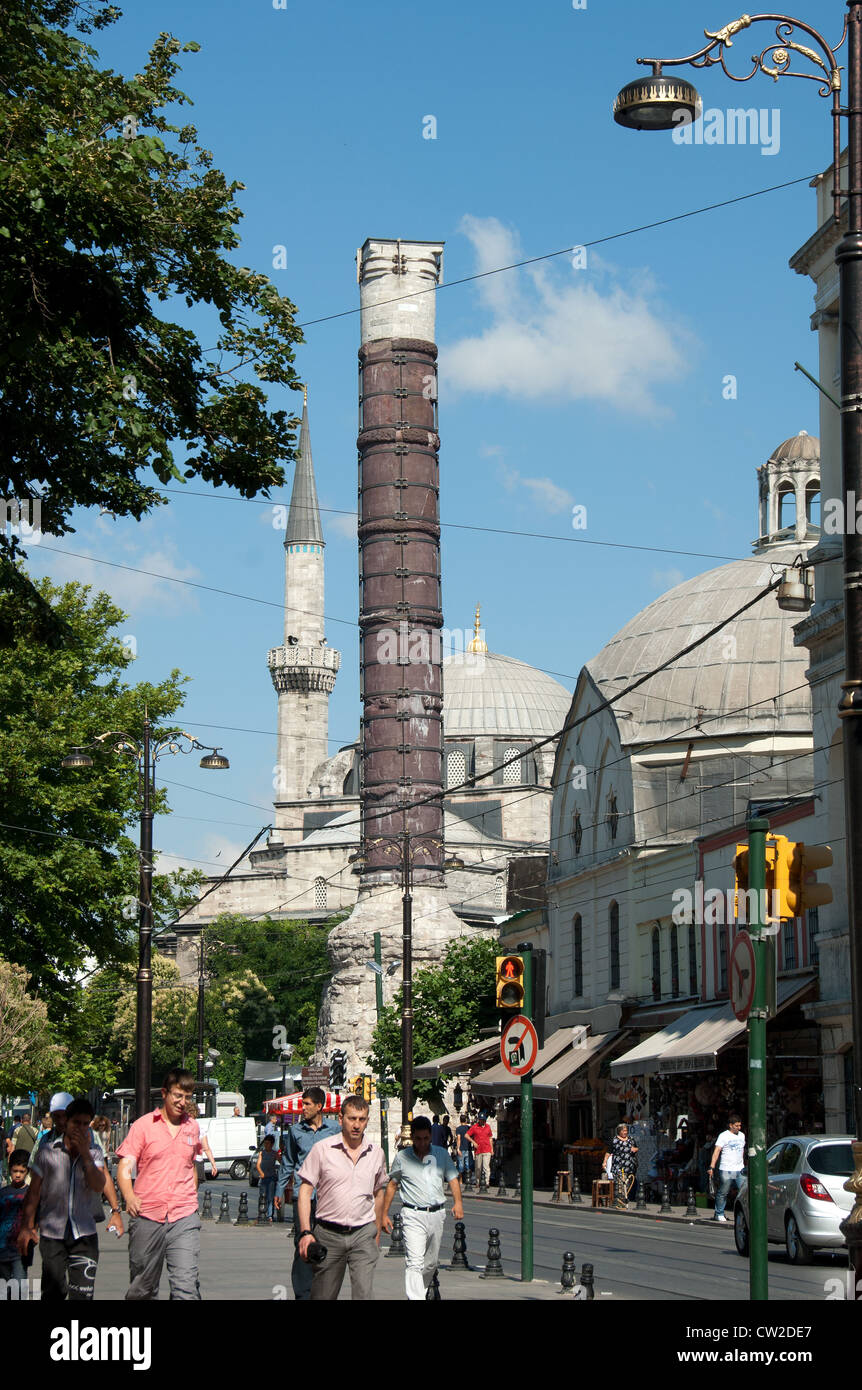 ISTANBUL, TURKEY. A view along Divan Yolu Caddesi towards the Column of Constantine and the Gazi Atik Ali Pasa Mosque. 2012. Stock Photo