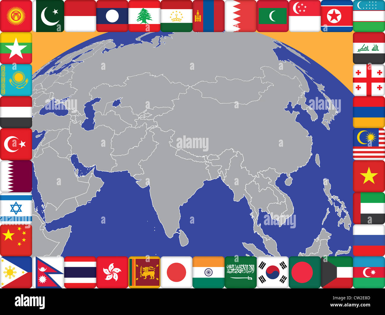 frame of Asian countries flags around the globe illustration Stock Photo