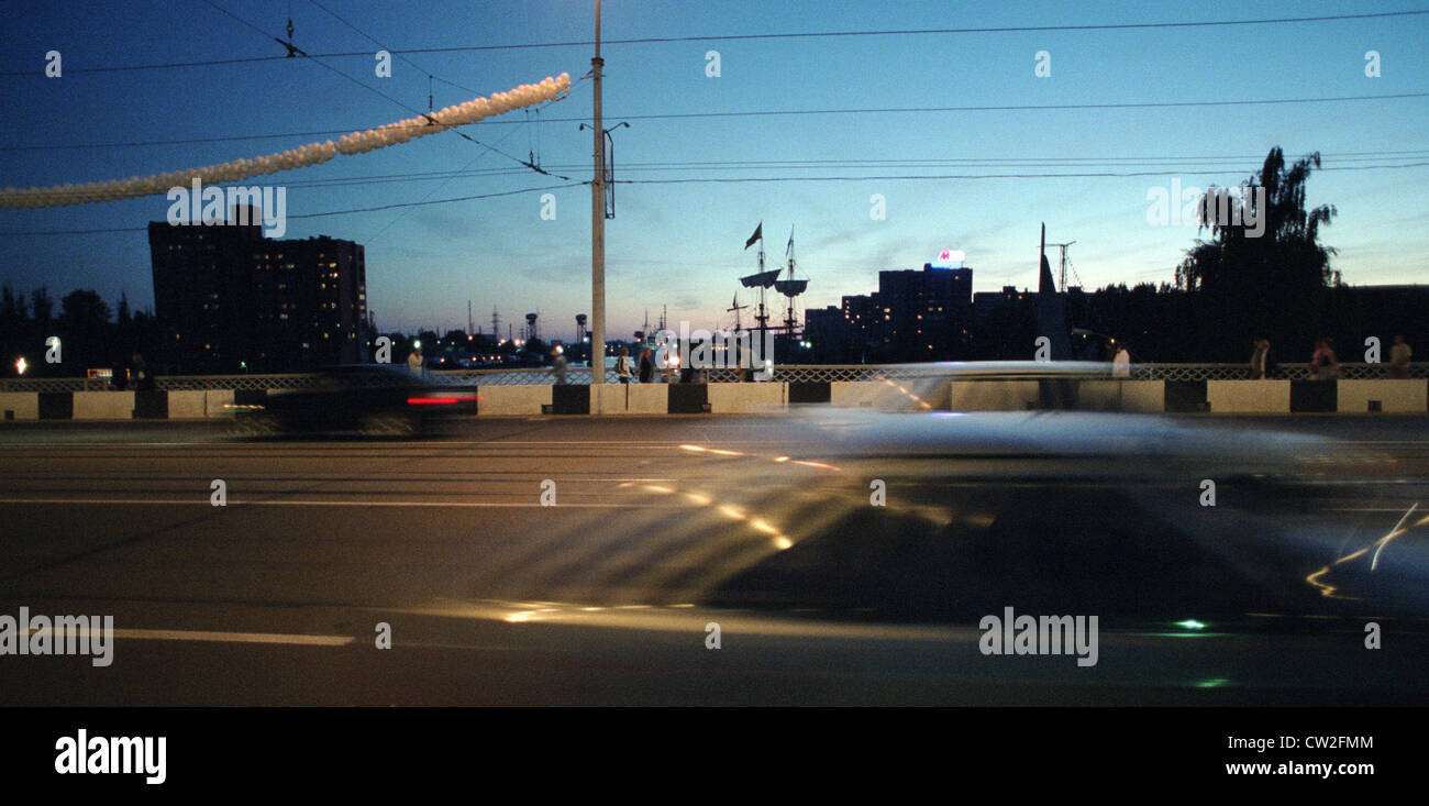 Skyline with masts and apartment buildings, Kaliningrad, Russia Stock
