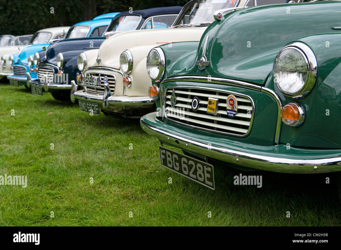 Row of classic Morris Minor motor cars at a classic car show at Lytham