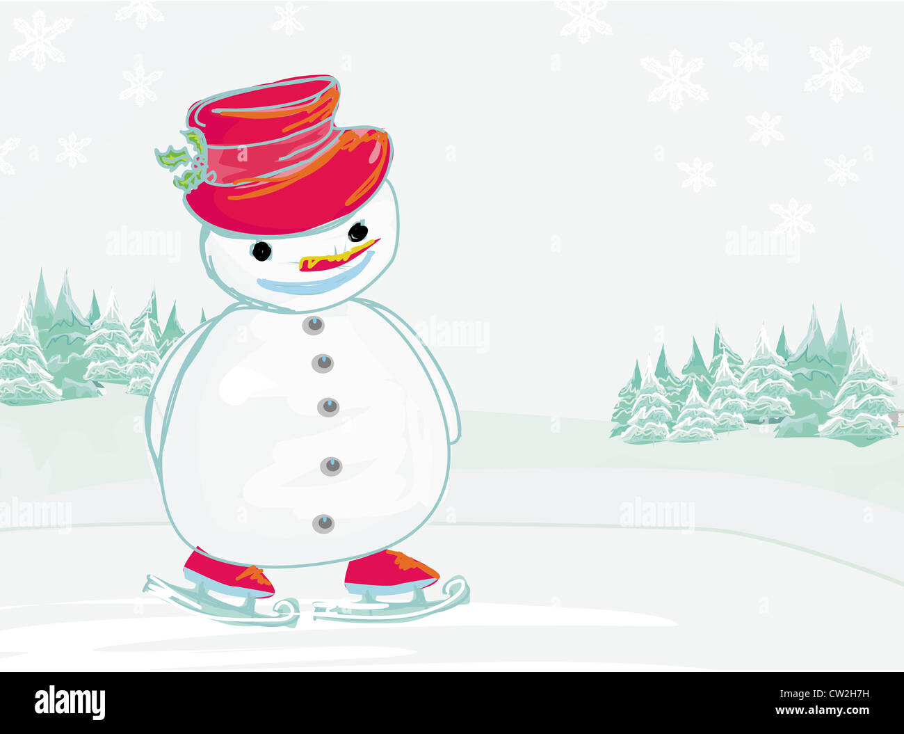 Vector illustration - snowman on a skating rink Stock Photo - Alamy