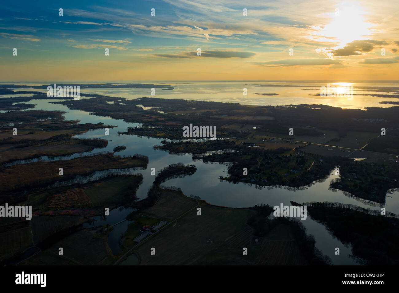 View of the estuaries of the Chesapeake Bay from the sky Stock Photo