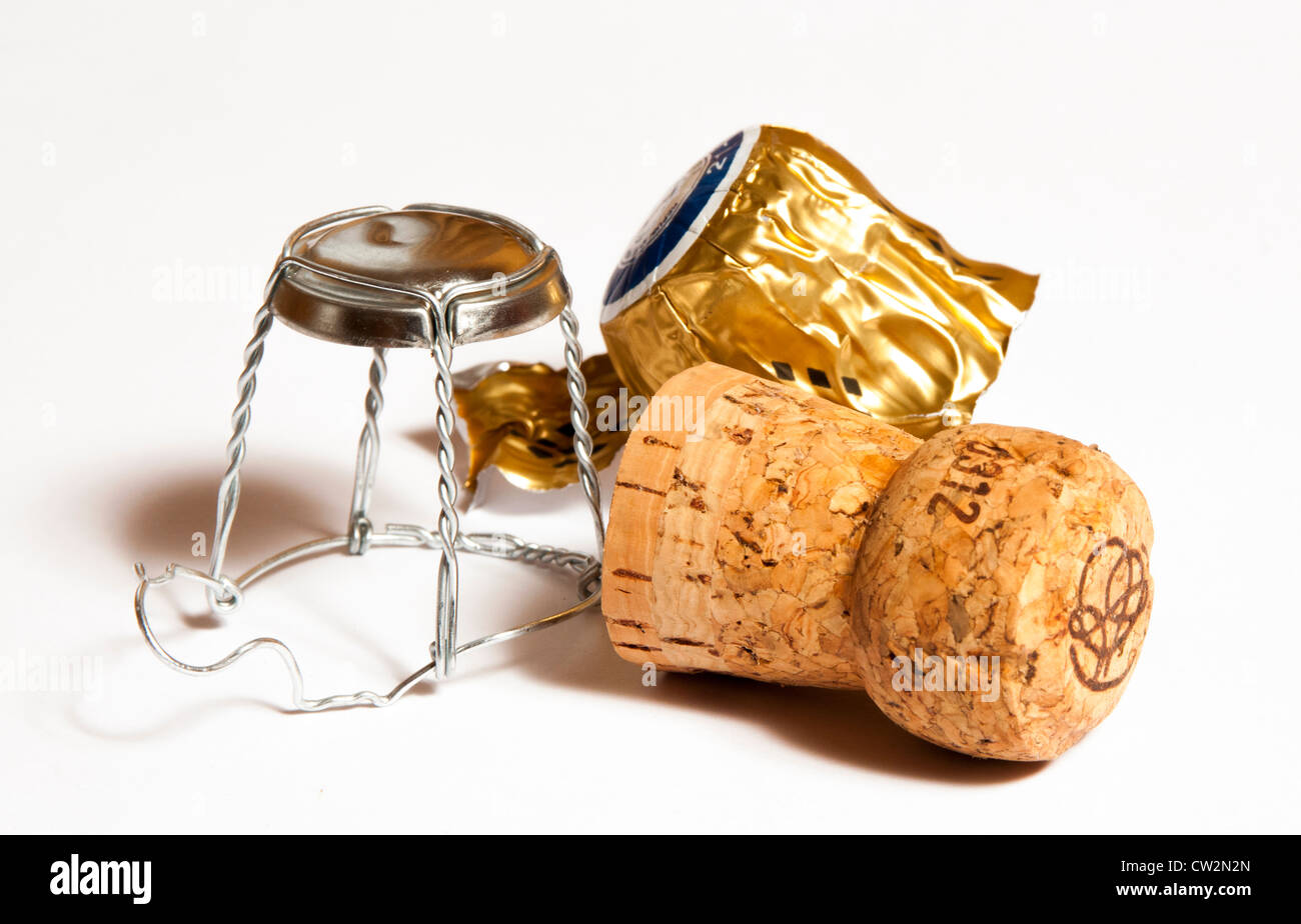 Champagne cork and cage with bottle neck foil on white back ground