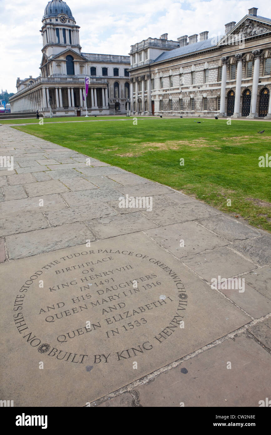 Stone commemorating site of Tudor Palace at the Old Royal Naval College, Greenwich, London, UK. Stock Photo