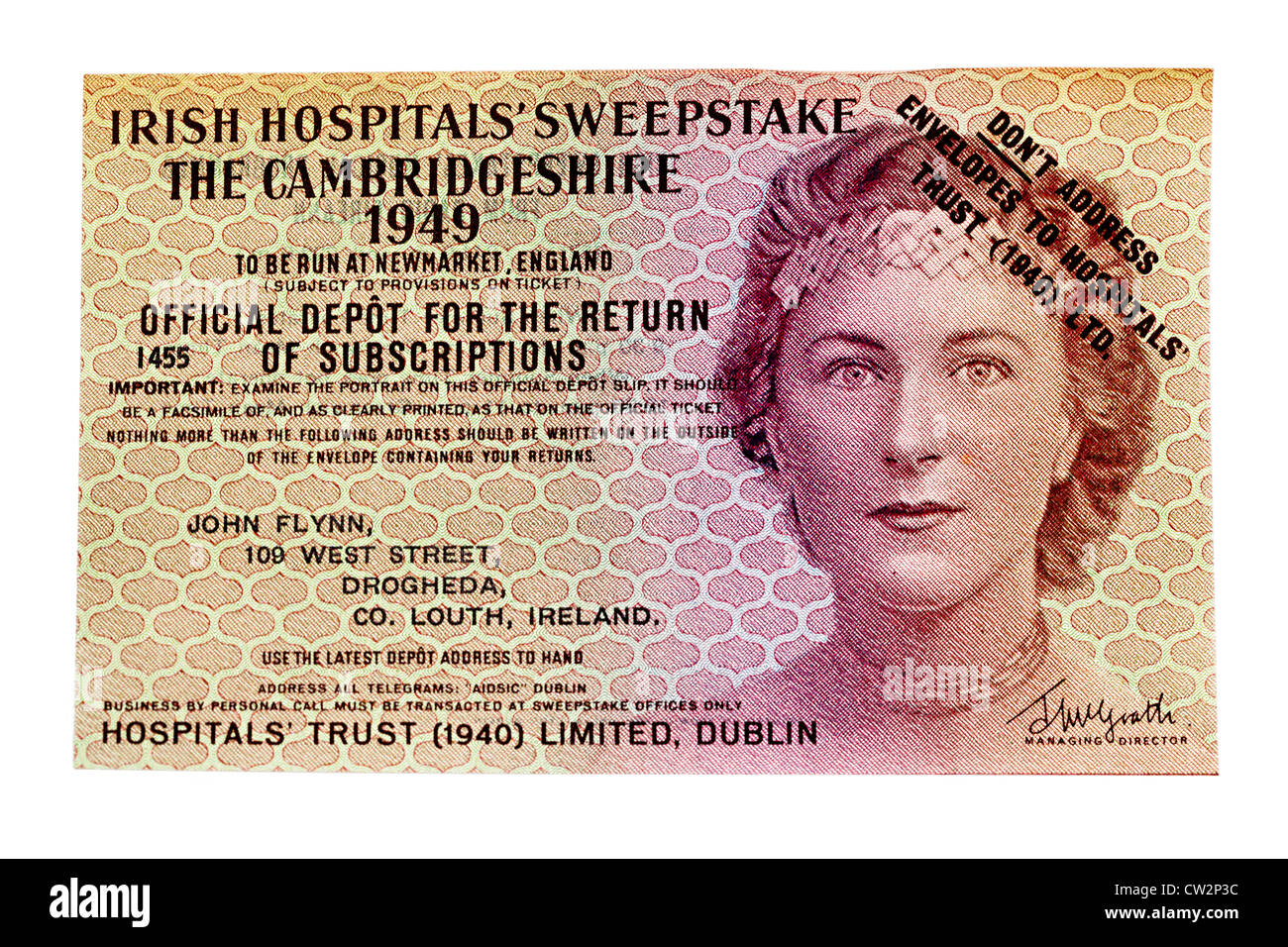 Irish Hospitals' Sweepstake ticket for 1949 Newmarket race Stock Photo