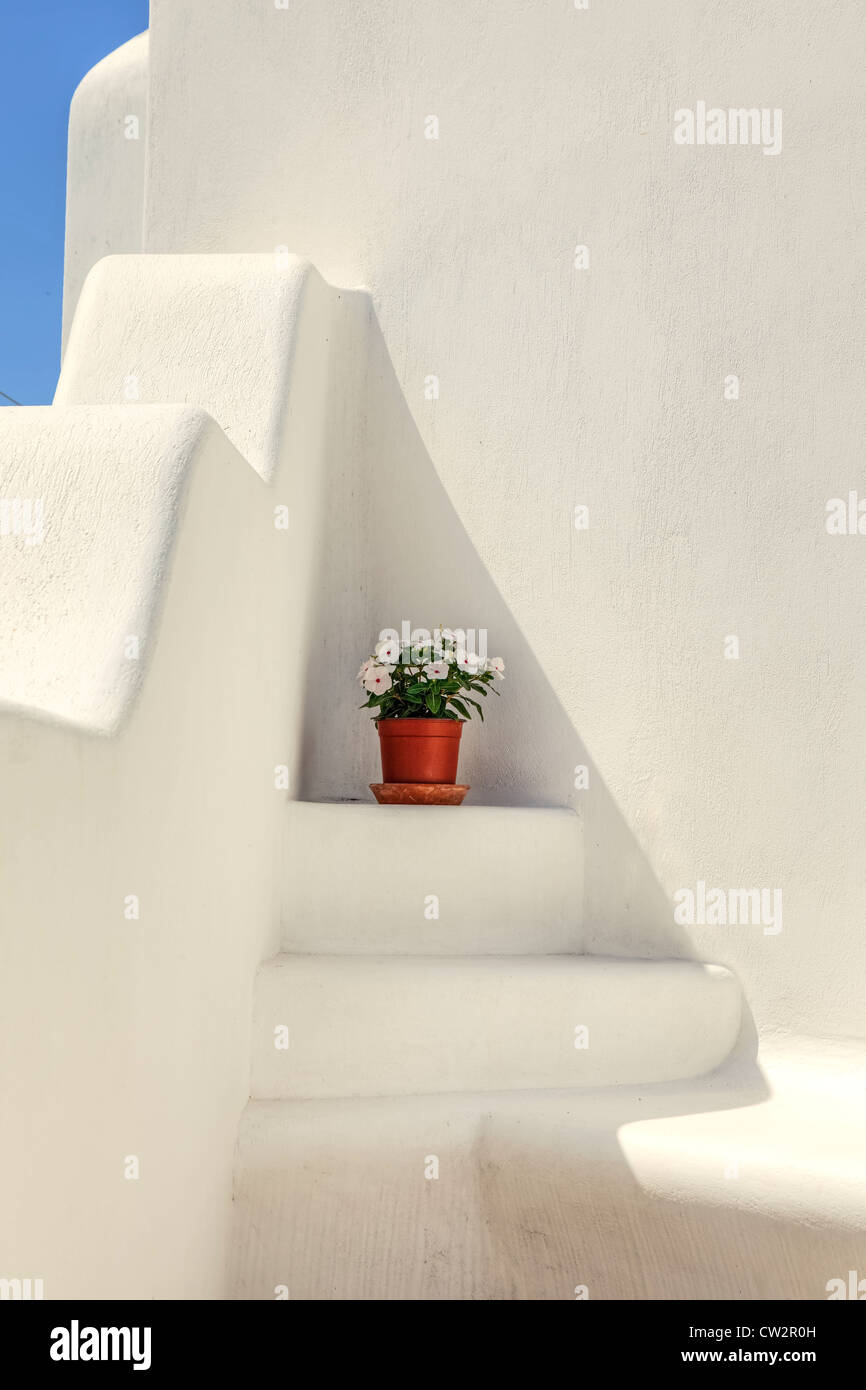 a flower pot on a white, Greek staircase Stock Photo