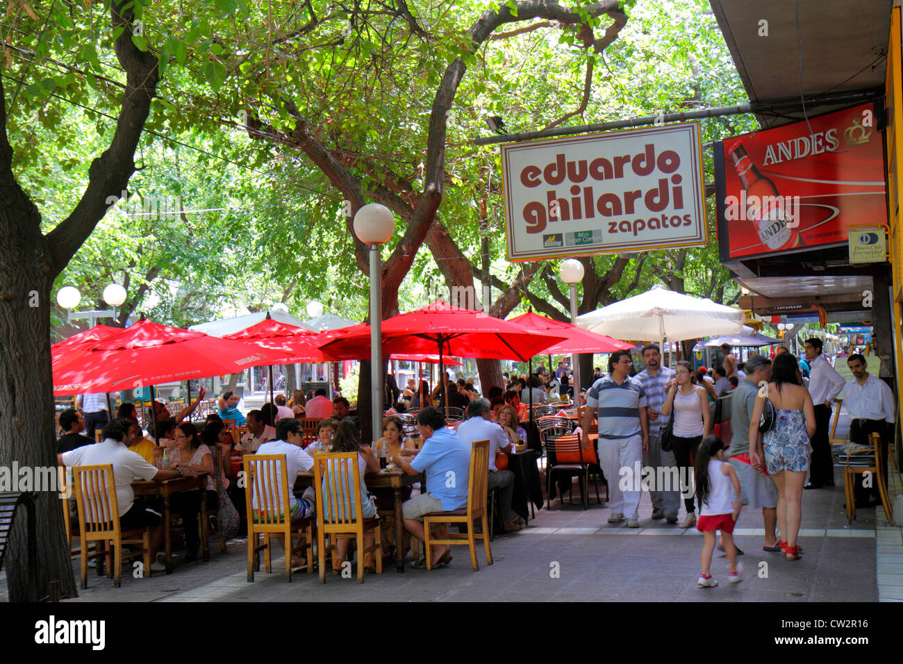 Mendoza Argentina,Paseo Sarmiento,pedestrian road,cafe,al fresco sidewalk outside outdoors tables,dining,restaurant restaurants food dining eating out Stock Photo