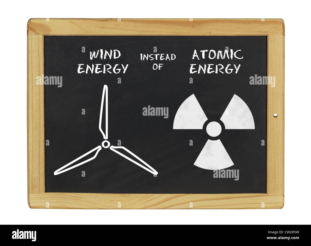 chalkboard wind energy instead of atomic energy Stock Photo