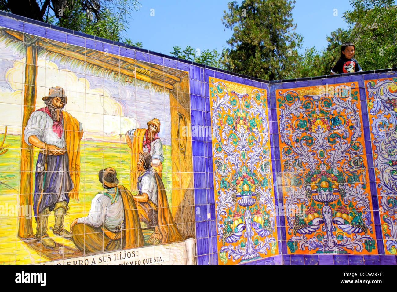 Mendoza Argentina,Plaza Espana,Spanish Fraternity Monument,Majolica tile mosaic,gaucho,Hispanic boy boys,male kid kids child children youngster,runnin Stock Photo