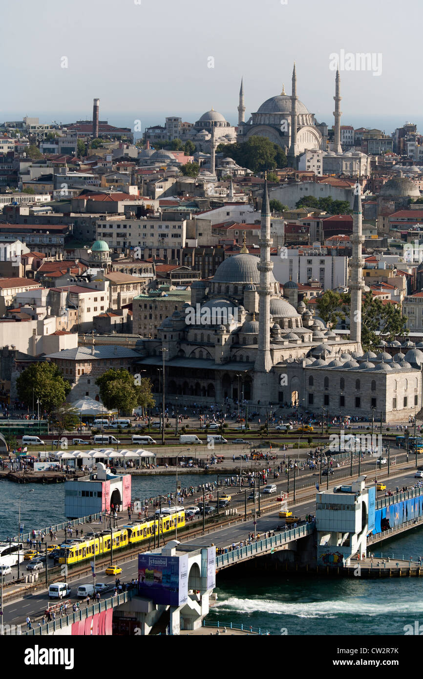 Aerial view of Galata bridge the new mosque Yeni camii and blue mosque, Istanbul Turkey Stock Photo