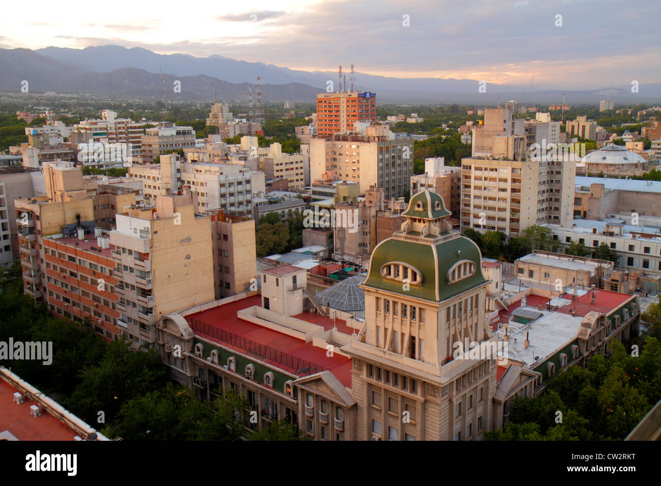Mendoza Argentina,aerial view from Edificio Gomez,skyline,Andes Mountains,Pasaje San Martin building,historic building,tower,condominium residential a Stock Photo