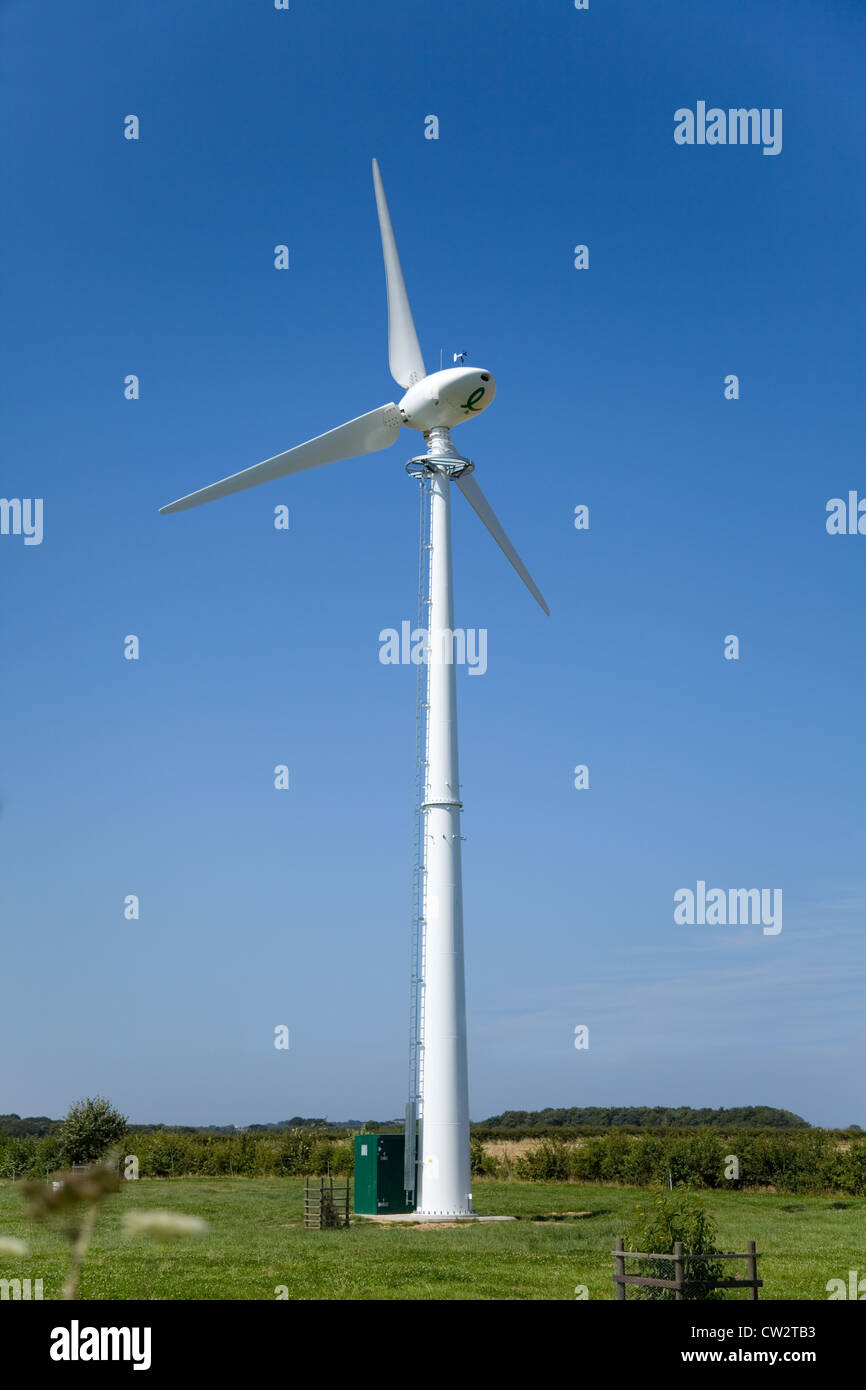 Brand new Endurance 50kW wind turbine seen in Norfolk set against a clear blue sky in countryside UK Stock Photo - Alamy