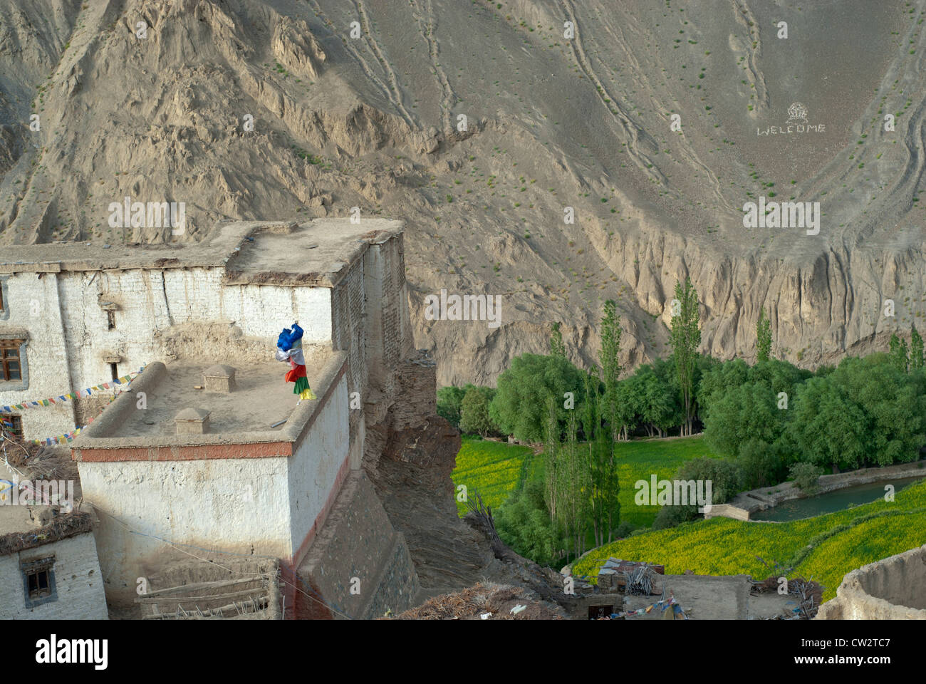 Part of a building at Lamayuru Monastery from above looking into the green valley and at the brown mountains, Ladakh, India Stock Photo