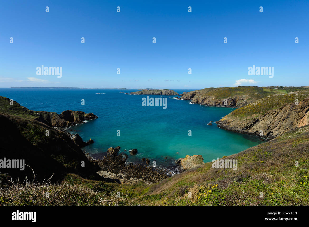 Bay la Grande Grève and Brecqhou Island,  Isle of Sark, Channel Islands Stock Photo