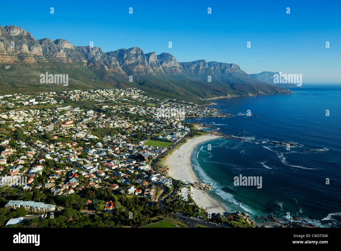 Aerial view of Camps Bay with the view of the Twelve Apostles mountain range.Cape Town.South Africa Stock Photo