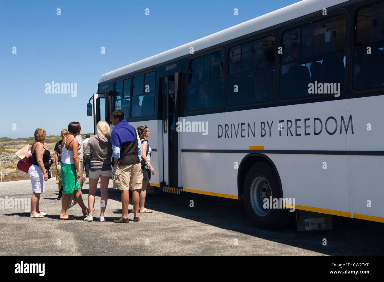 Tourist Bus on Robben Island, Table Bay, prison grounds used for political prisoners during apartheid in South Africa. Stock Photo