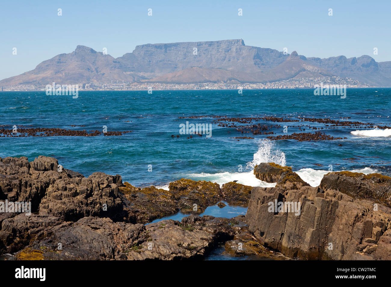 Table Mountain in the distance from Robben Island, South Africa. Stock Photo