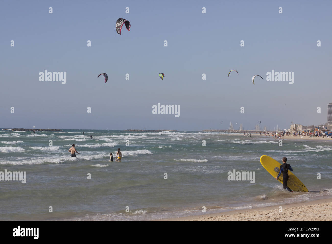 Surfer entering the water with kite-surfers and swimmers in the background, Tel Aviv, Israel Stock Photo