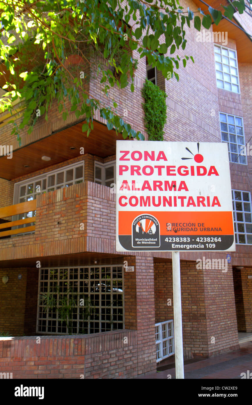 Mendoza Argentina,Avenida Emilio Civit,neighborhood watch,security,community alarm,sign,Spanish language,bilingual,public safety,security,crime preven Stock Photo