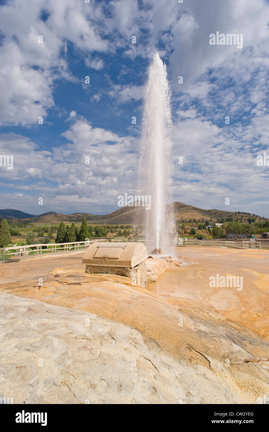 Soda Springs Geyser erupts every hour on the hour, reaching heights of 100 feet year round, in