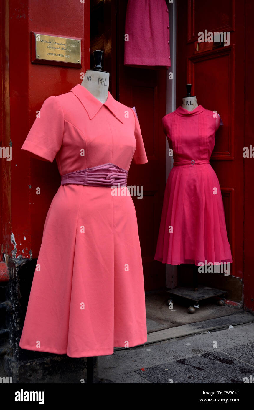 Vintage dresses in the doorway of a branch of Armstrong's vintage