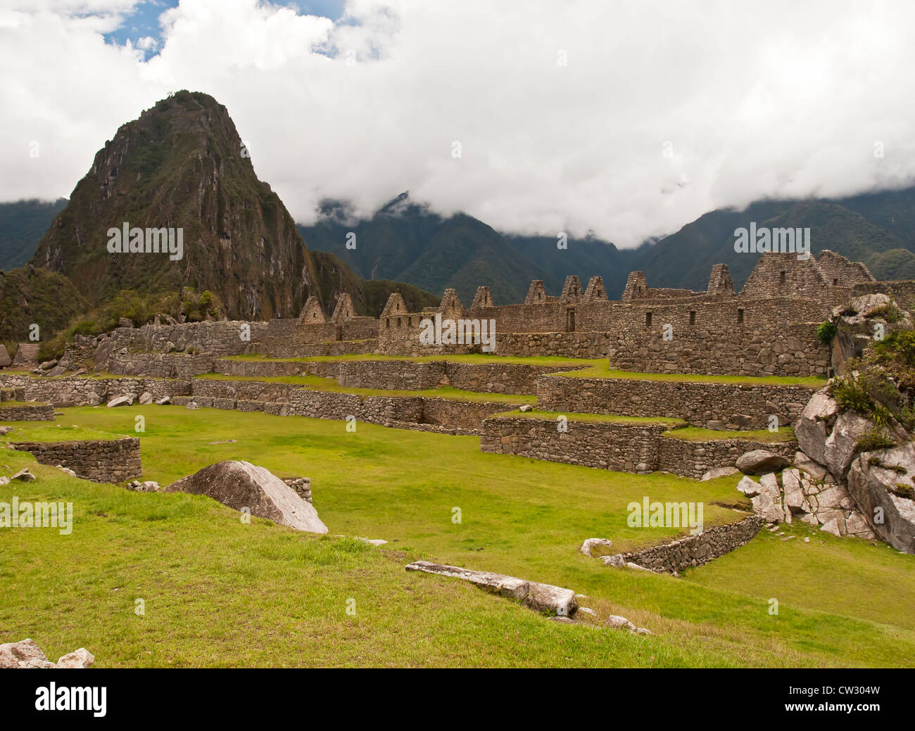 Machu Picchu, view of old buildings at the ruined city, Peru, South America Stock Photo