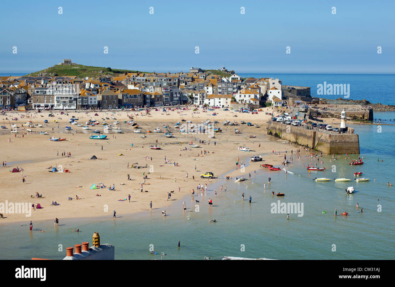 Above St. Ives harbour beach on a sunny day in Cornwall UK. Stock Photo