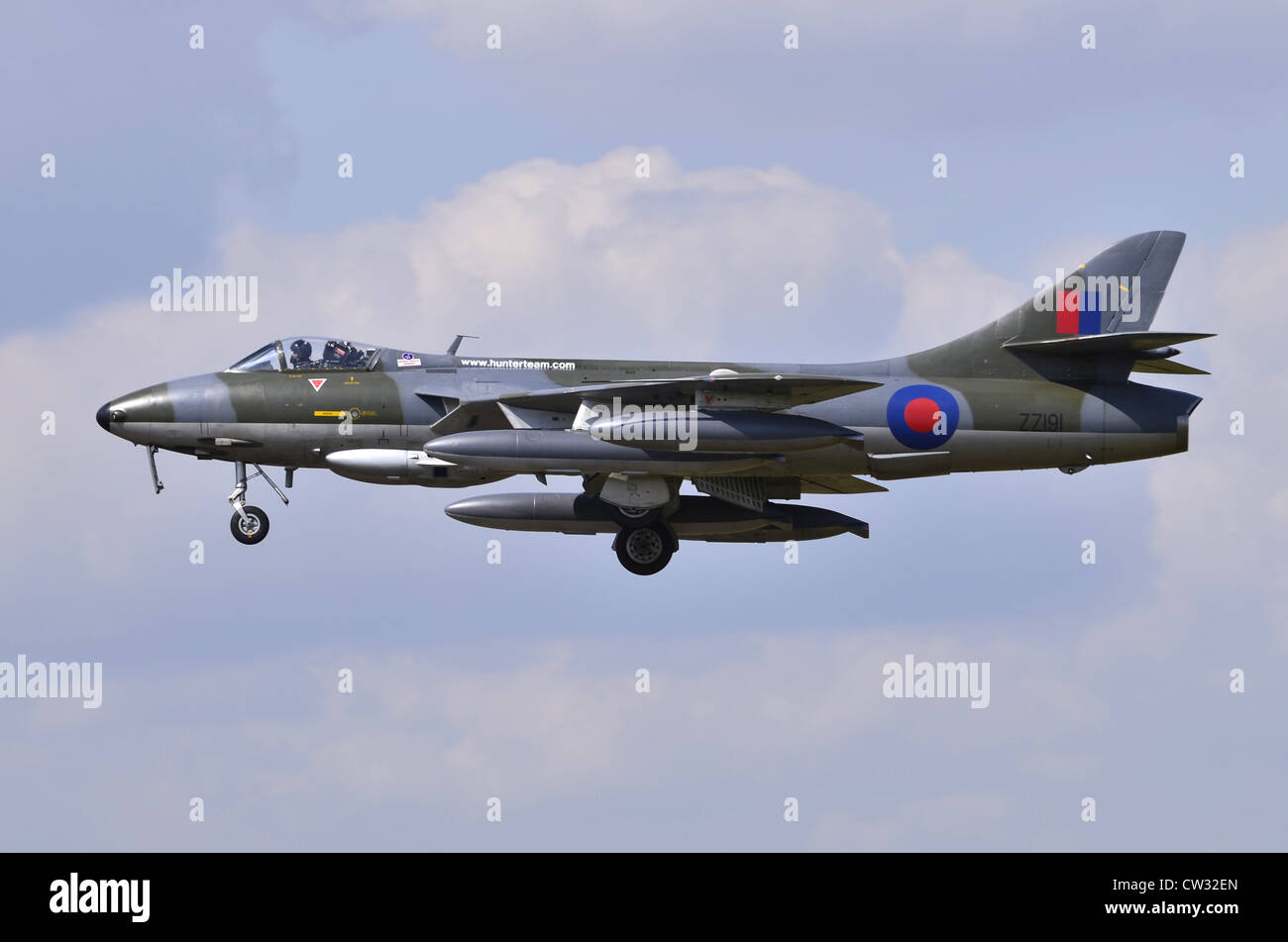 Hawker Hunter F58 aircraft in RAF markings on approach for landing at RAF Fairford Stock Photo