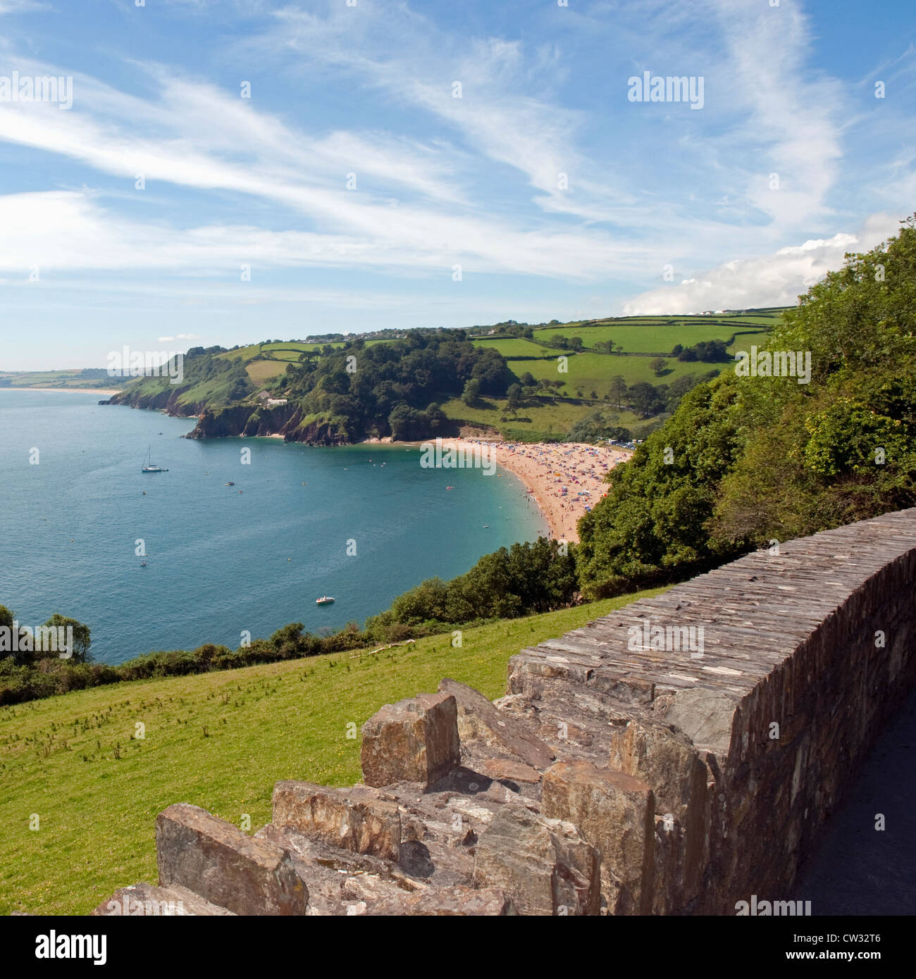 View from the Coast Path down towards Blackpool Sands beach near Stoke Fleming in Devon. Stock Photo