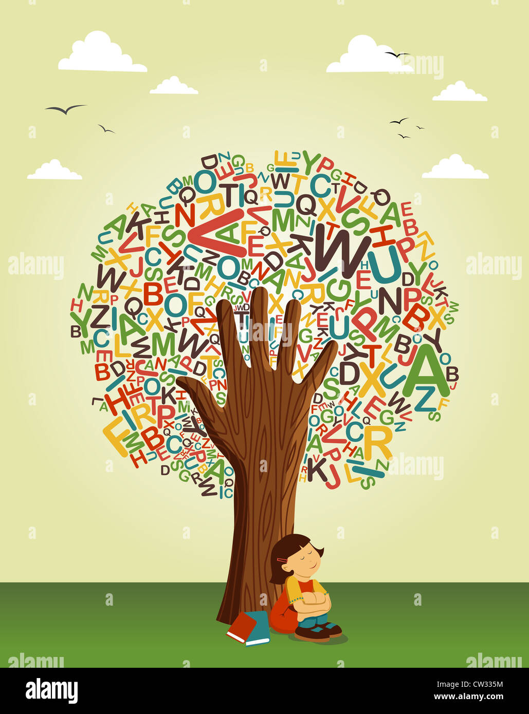 Back to schoo concept tree. Learn to read collaborative education. Vector file layered for easy manipulation and custom coloring Stock Photo
