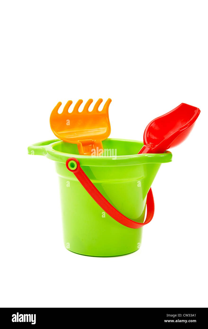 Children's toys bucket shovel and rake on the white Stock Photo Alamy