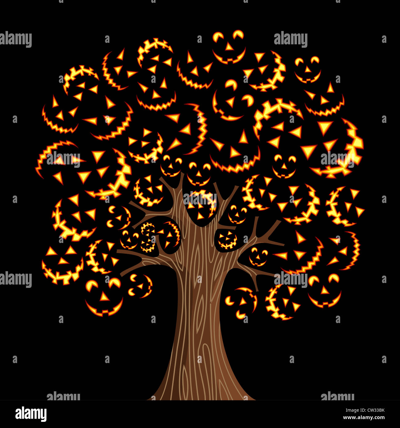 Halloween tree with horror icons background. Vector illustration ...