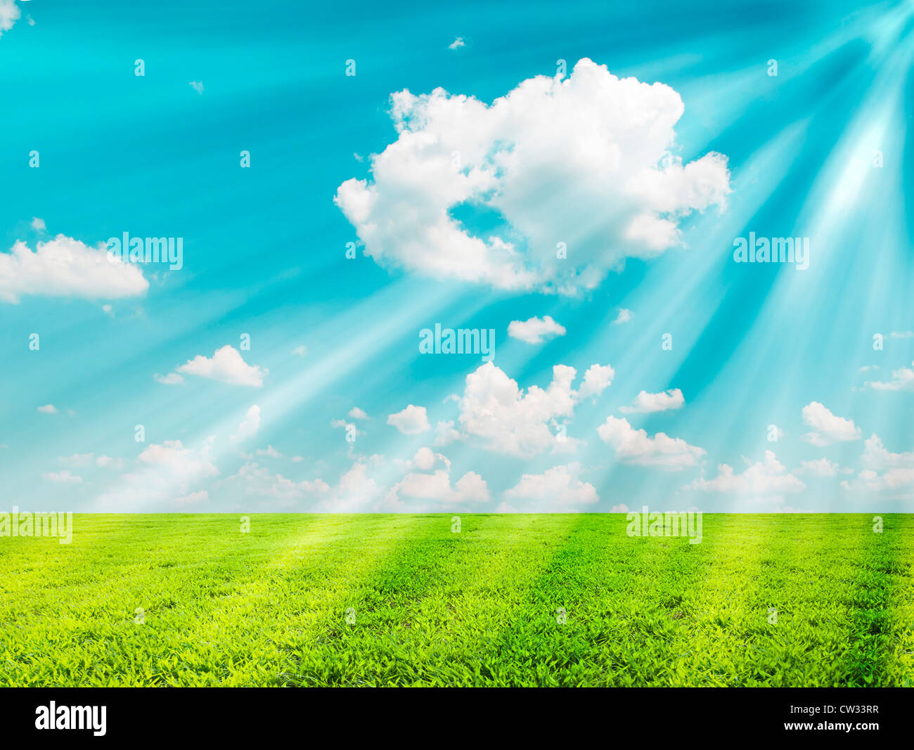 Beautiful green field and bright sky with sunrays Stock Photo - Alamy