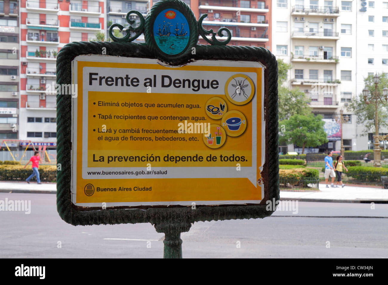 Buenos Aires Argentina,Avenida de Mayo,Plaza Mariano Moreno,street scene,Spanish,language,bilingual,health warning,Dengue Fever,prevention,infectious Stock Photo