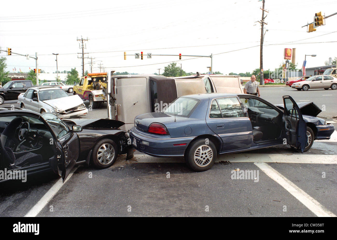 Police officers check out an auto accident in Landover, Md Stock Photo