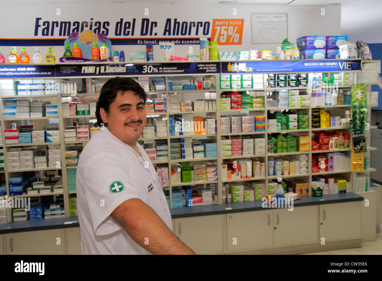 Buenos Aires Argentina,Avenida de Mayo,Farmacia del Dr. Ahorro,discount pharmacy,drug store,medication,medicine,Hispanic man men male adult adults,pha Stock Photo