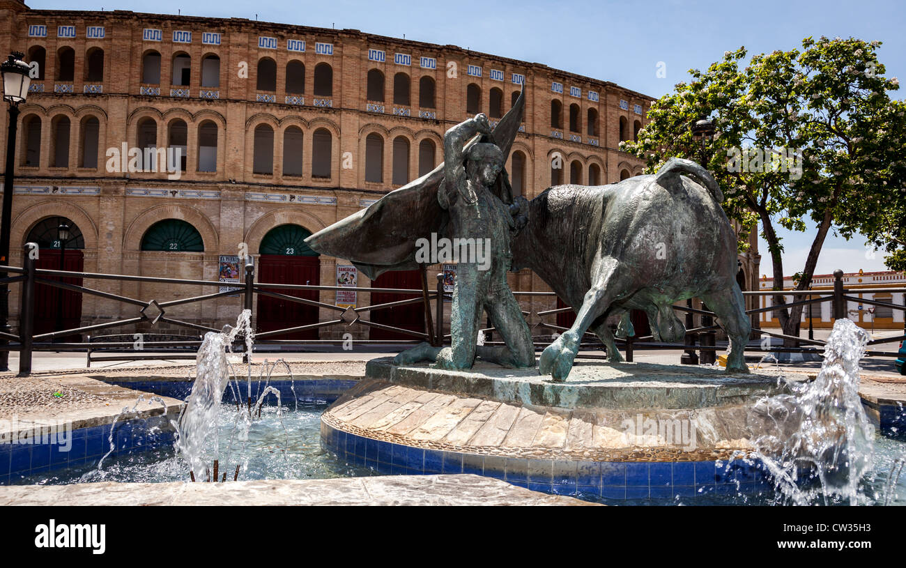 Puerto de Santa Maria, Andalucia, Spain, Europe. Real Plaza de Toros, Bull Ring, with monument to Diestro. Stock Photo