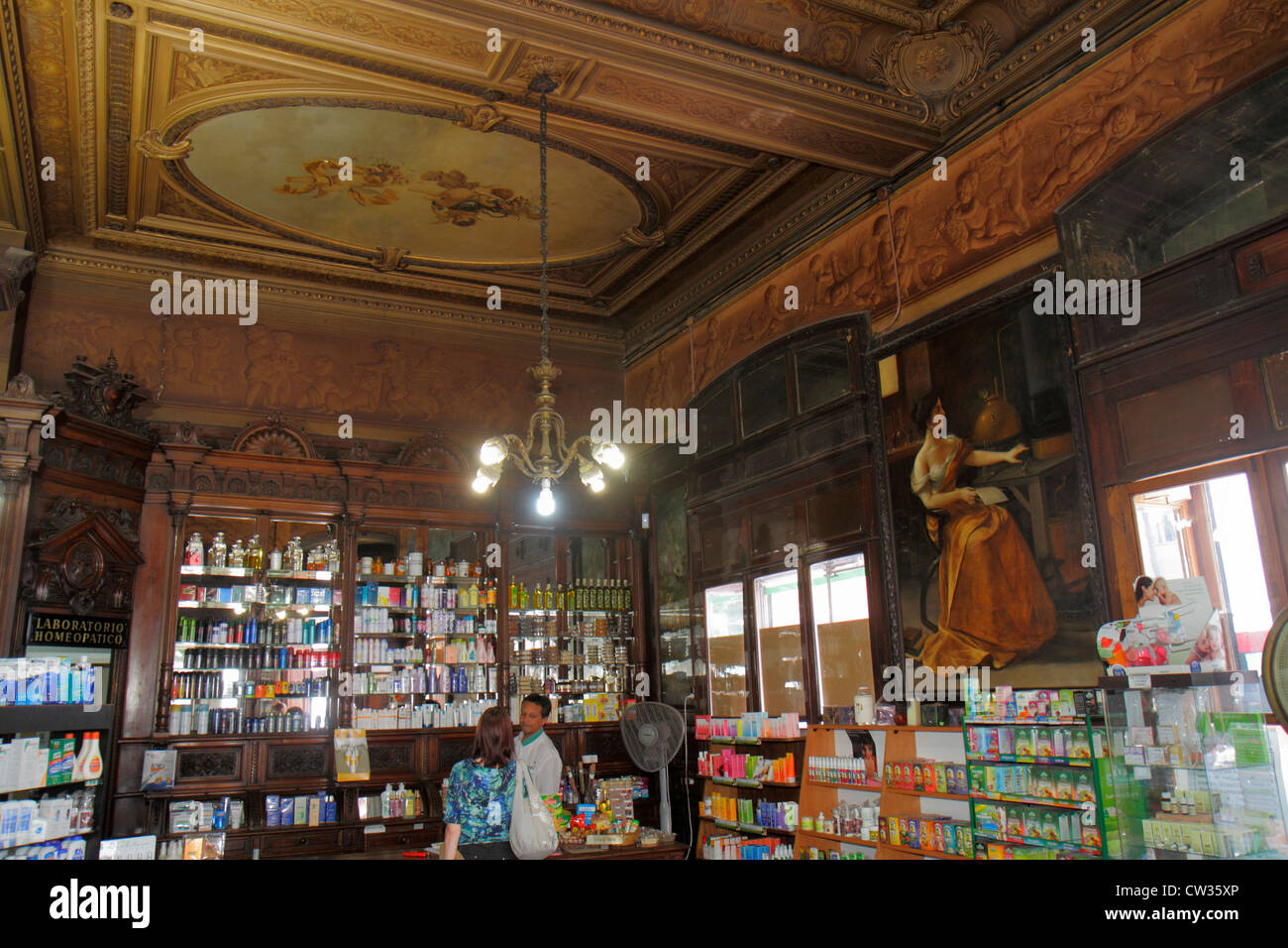 Buenos Aires Argentina,Avenida Adolfo Alsina,Defensa,Farmacia de la Estrella,historic pharmacy,museum,1885,ceiling frescoes,woodwork,chandelier,painti Stock Photo