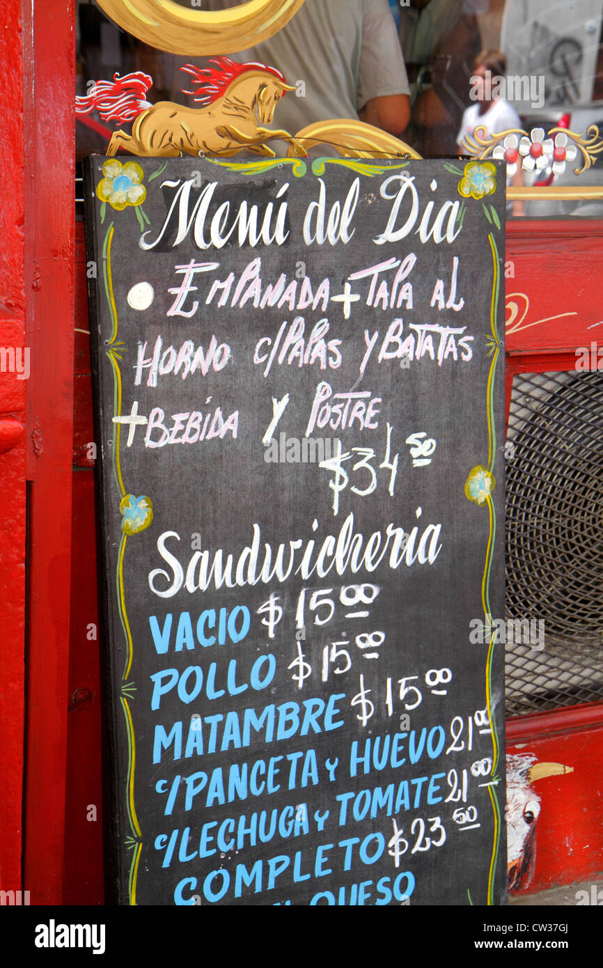 Buenos Aires Argentina,Avenida Adolfo Alsina,restaurant restaurants food dining cafe cafes,chalkboard menu,Spanish language,bilingual,typical food,pri Stock Photo