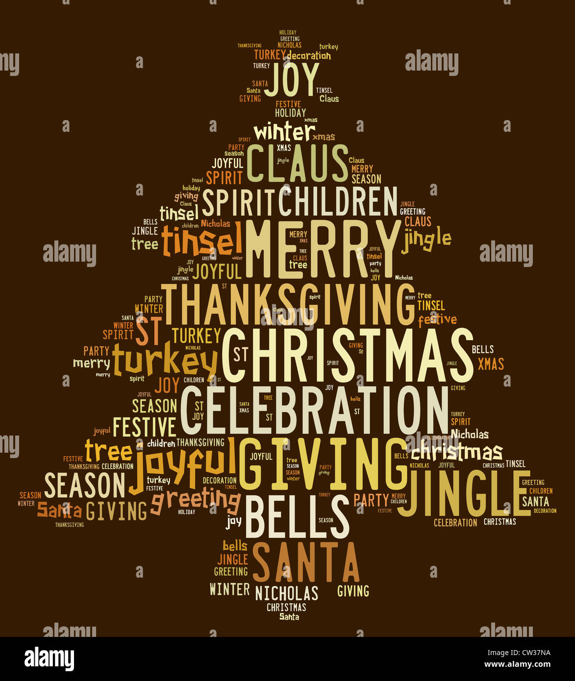 Christmas concept card of words in tag cloud on brown background Stock ...