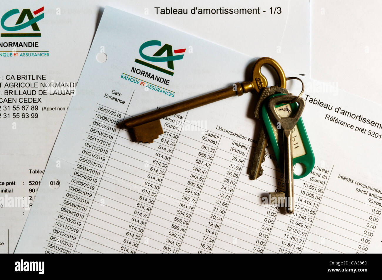 A set of French house keys laying on a mortgage repayment schedule. Stock Photo