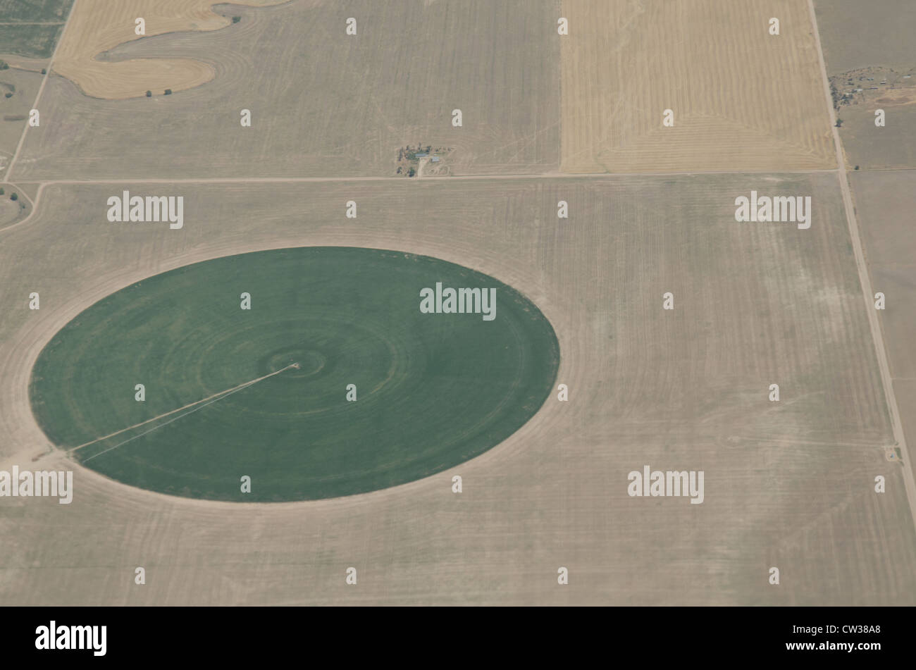 Aerial views of drought affected Colorado dryland crops July 21, 2012 near Byers, Colorado. Green areas are irrigated. Stock Photo