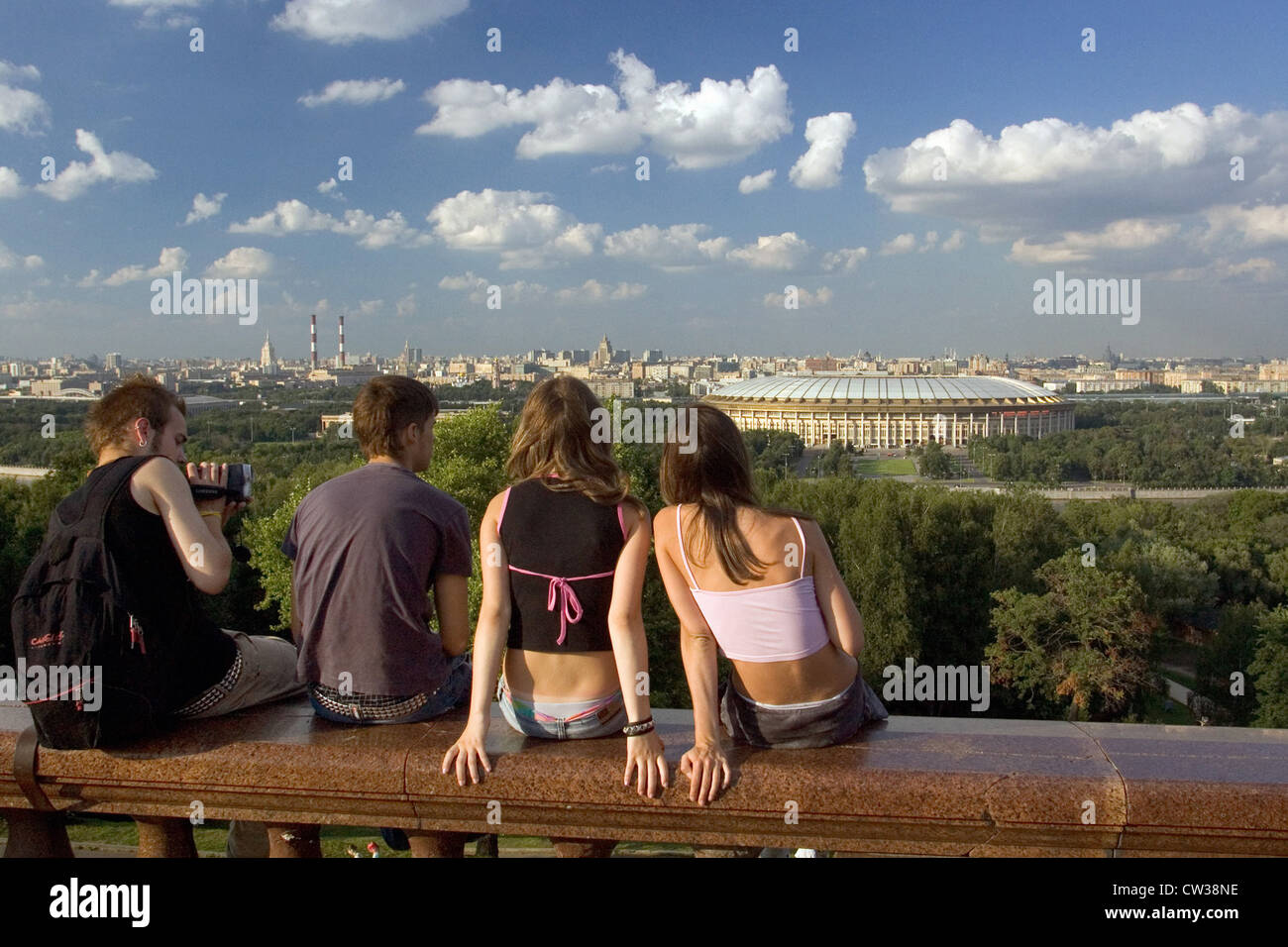 Moscow, a group of young people looks at the Luzhniki Stadium Stock Photo