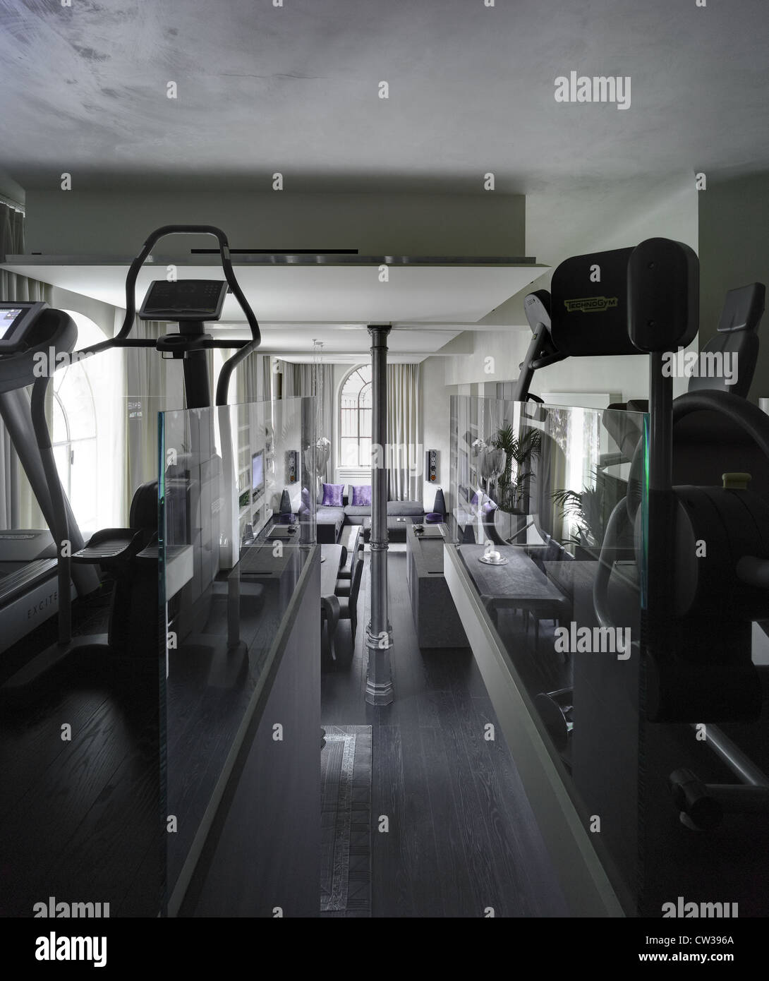 Interior of a contemporary home with fitness room and various Tecnogym equipment Stock Photo