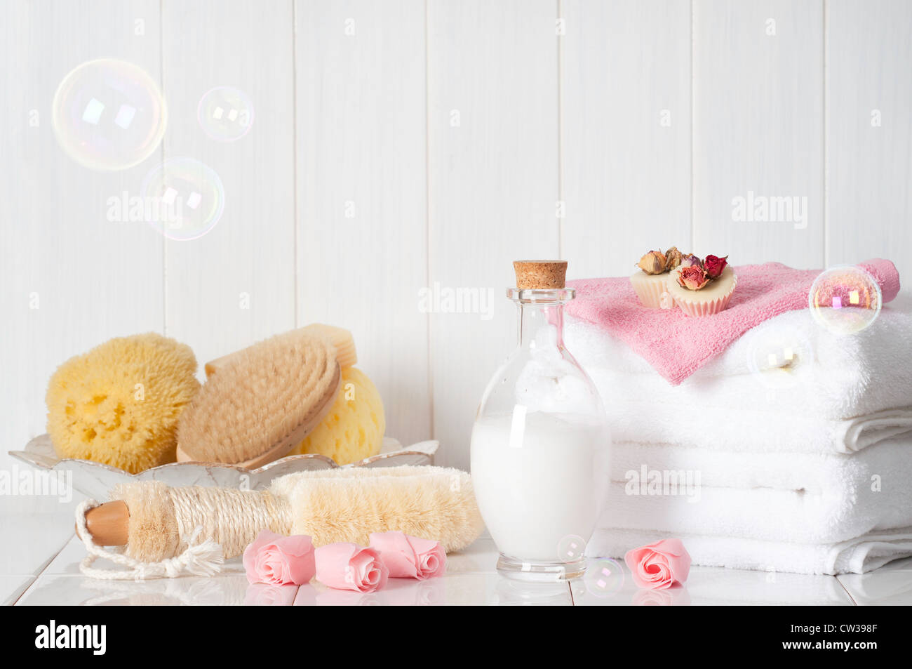 Luxury bathroom spa products with bubbles Stock Photo Alamy
