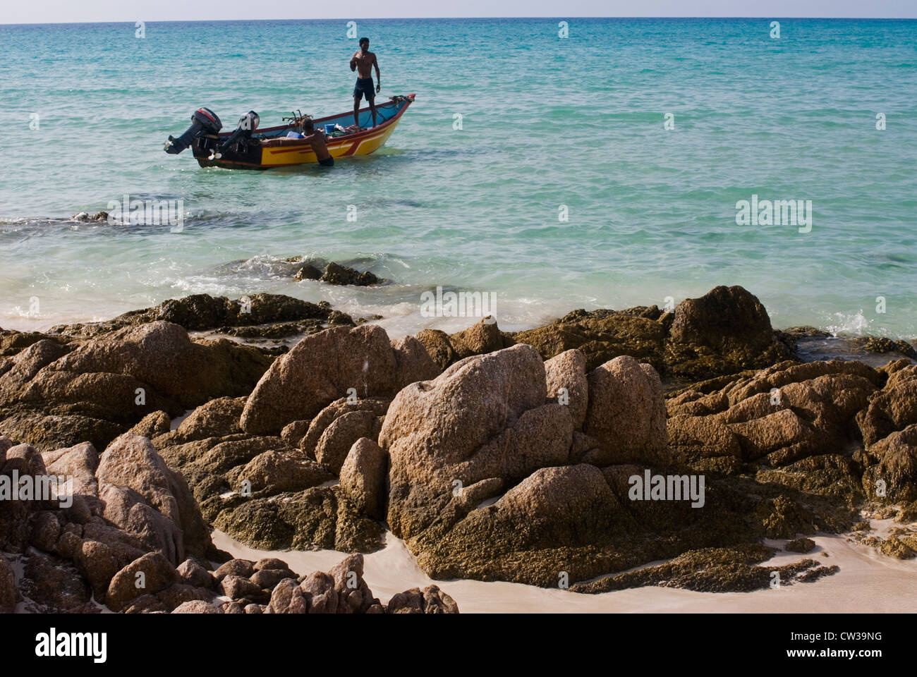 Shark fishermen on the Qalansiya Beach, Socotra Island, Yemen,  Western Asia, Arabian Peninsula. Stock Photo