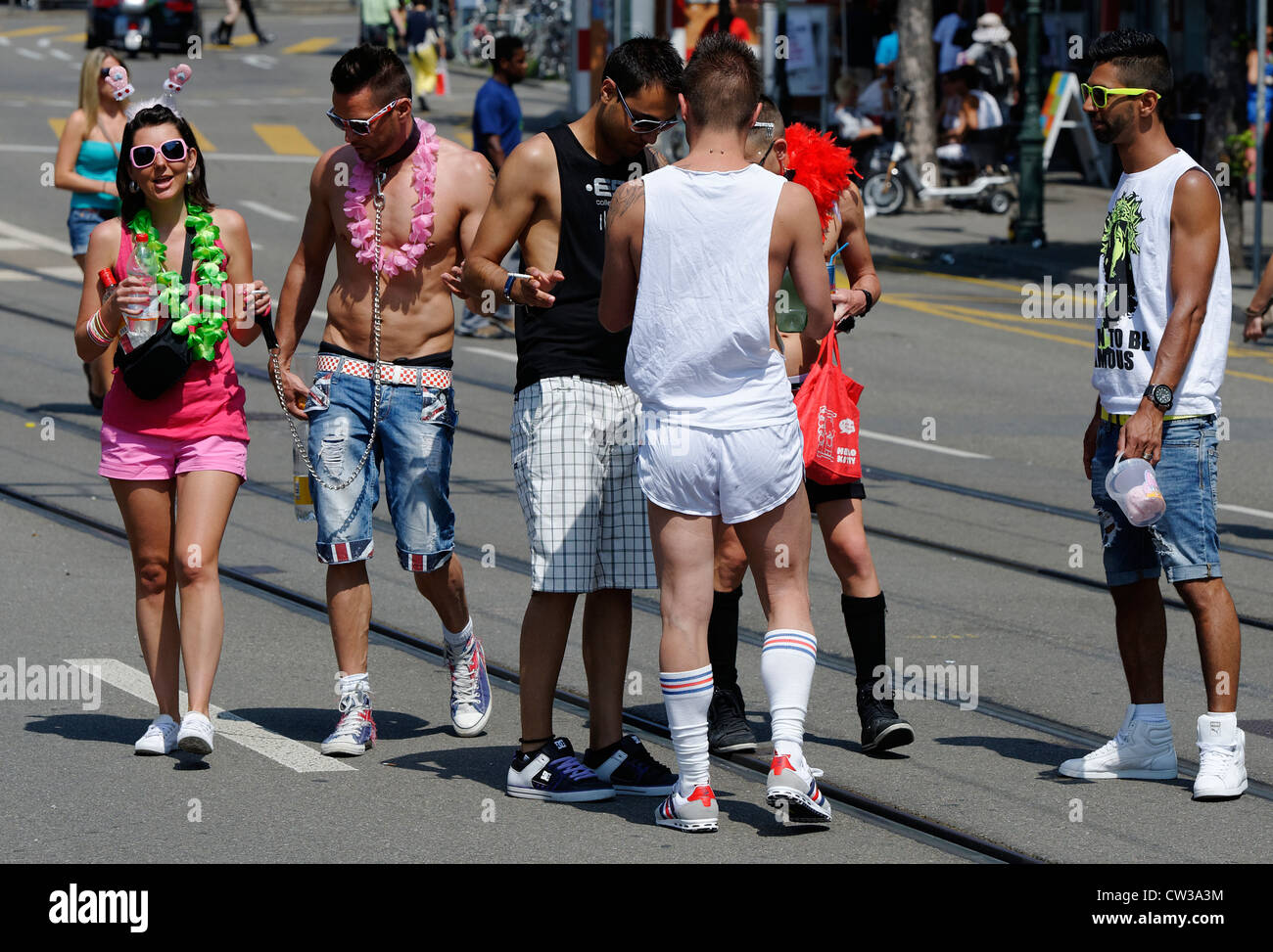 Revelers at the Zurich Street Parade, a techno and trance festival. Stock Photo