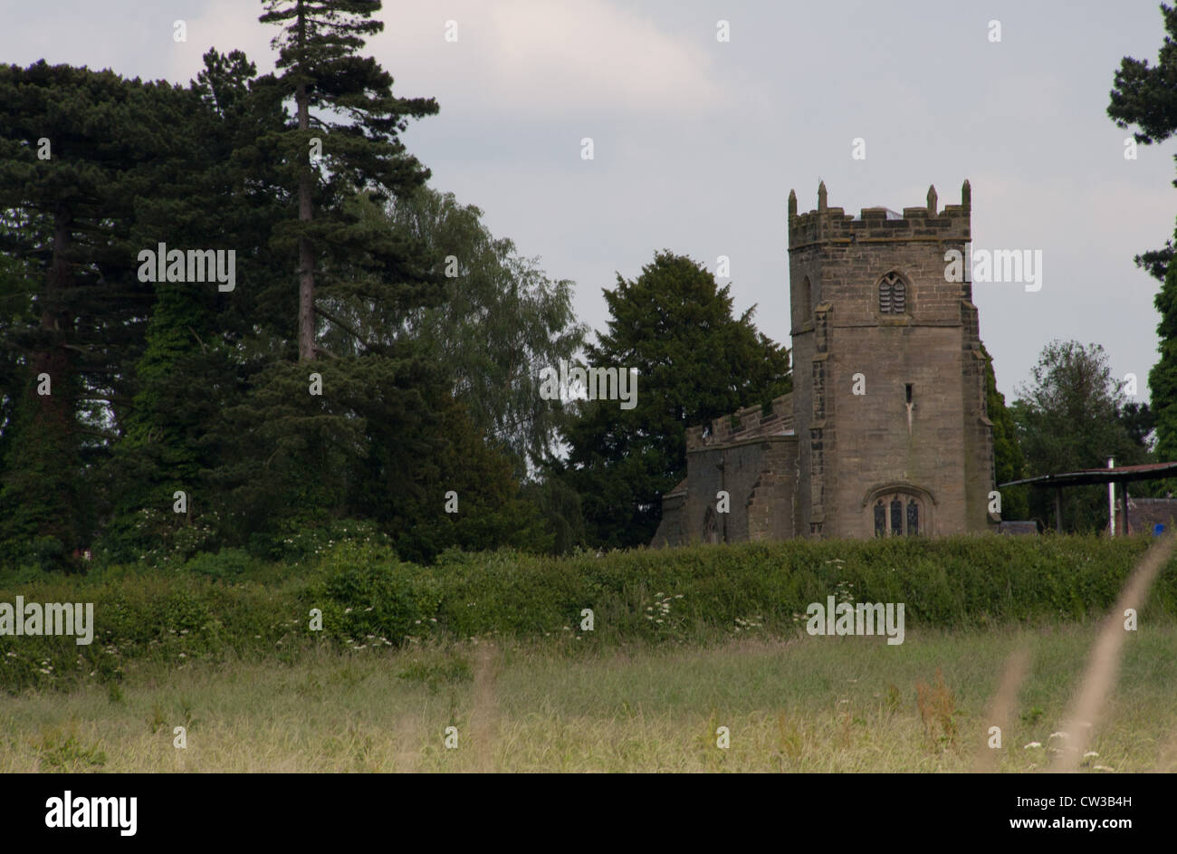 The church at Burton Hastings is photographed from the moving narrow boat in Ashby canal, Warwickshire. Stock Photo