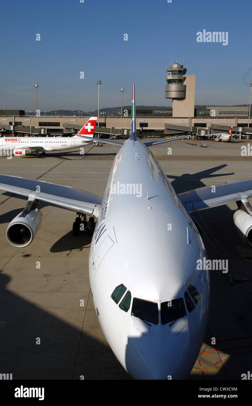 Passenger aircraft at the airport of Zurich (Switzerland) Stock Photo