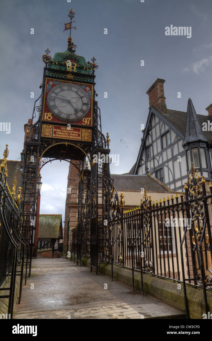 Ornamental clock on the roman walls in the city of Chester. Stock Photo